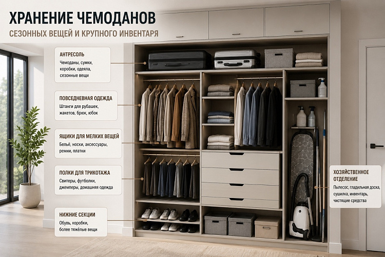 Хранение чемоданов, сезонных вещей и крупного инвентаря в шкафу