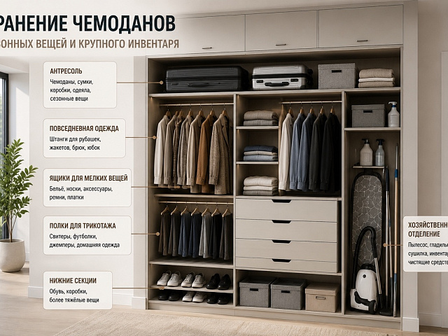 Хранение чемоданов, сезонных вещей и крупного инвентаря в шкафу