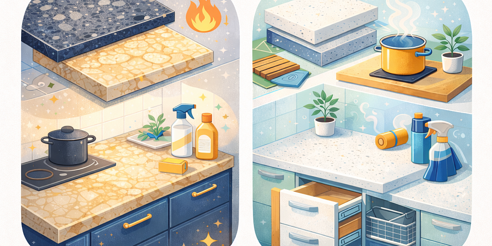 Столешницы из камня и кварца: сравнение, плюсы и уход