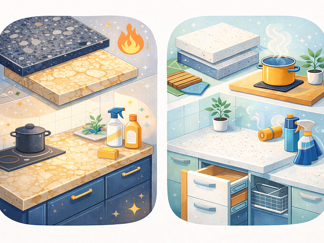 Столешницы из камня и кварца: сравнение, плюсы и уход