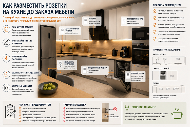 Как разместить розетки на кухне до заказа мебели
