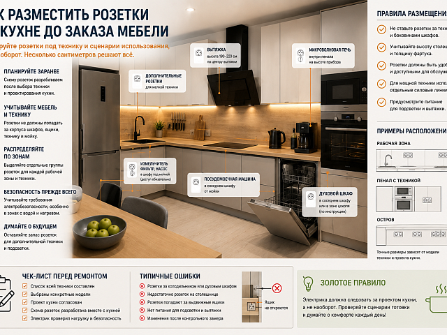 Как разместить розетки на кухне до заказа мебели