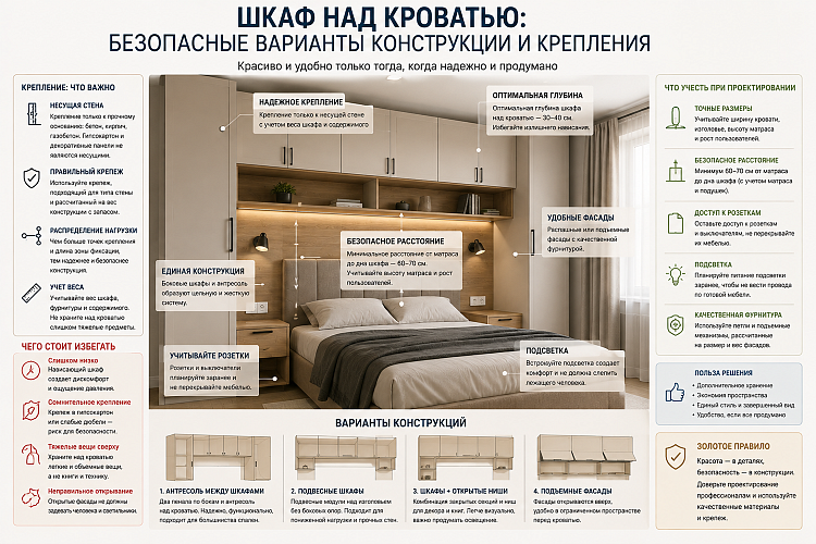 Шкаф над кроватью: безопасные варианты конструкции и крепления